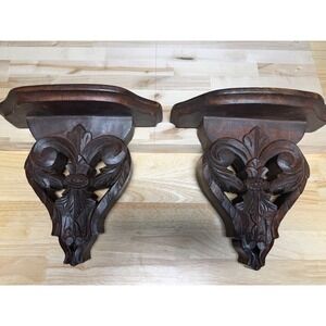 VTG gothic Hand Carved Wood Wall Corbel Shelves Fleur De Lis Dark Oak Pair 11in
